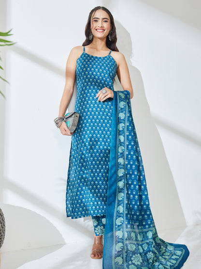 Janasya Teal Straight Cotton Kurta,Bottom & Dupatta - Dista