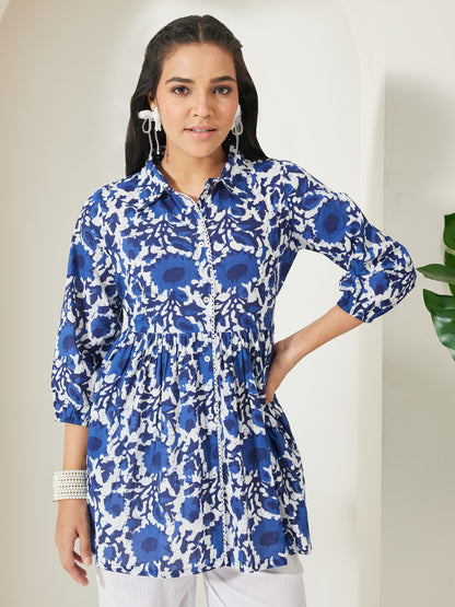 Janasya Blue Gathered Cotton Top - Dista