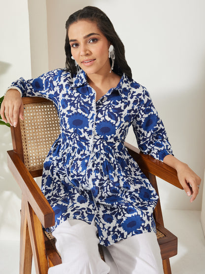 Janasya Blue Gathered Cotton Top - Dista