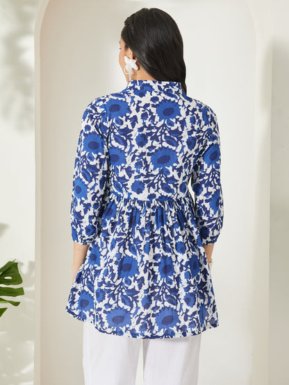 Janasya Blue Gathered Cotton Top - Dista