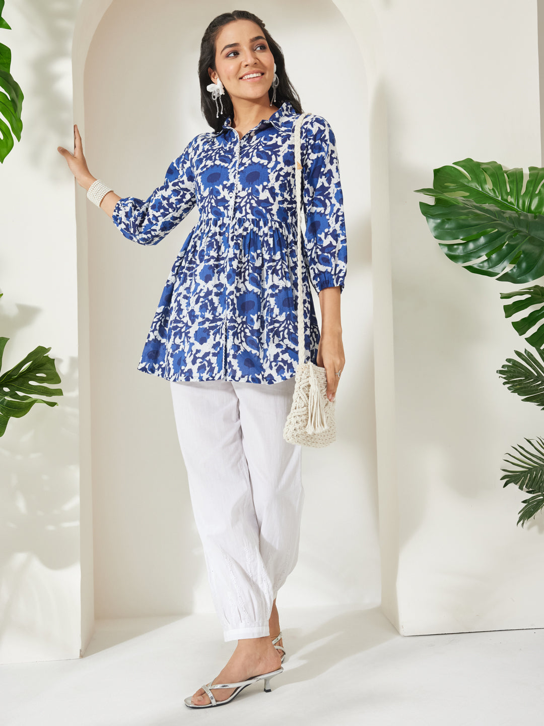 Janasya Blue Gathered Cotton Top - Dista