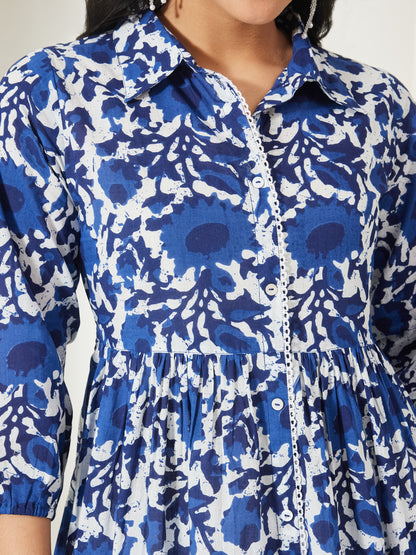 Janasya Blue Gathered Cotton Top - Dista