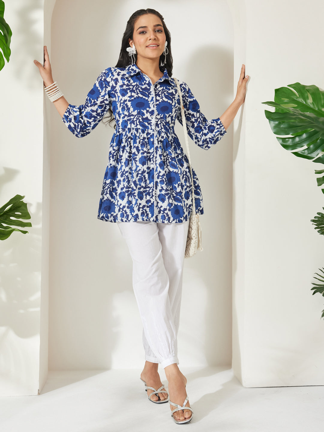 Janasya Blue Gathered Cotton Top - Dista
