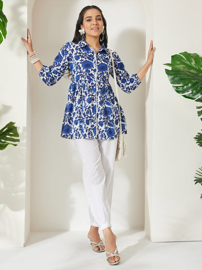 Janasya Blue Gathered Cotton Top - Dista