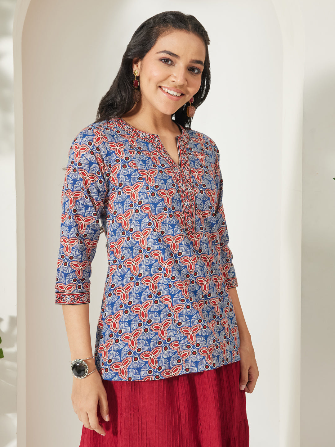 Janasya Blue A-Line Cotton Top - Dista