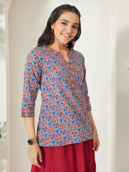 Janasya Blue A-Line Cotton Top - Dista