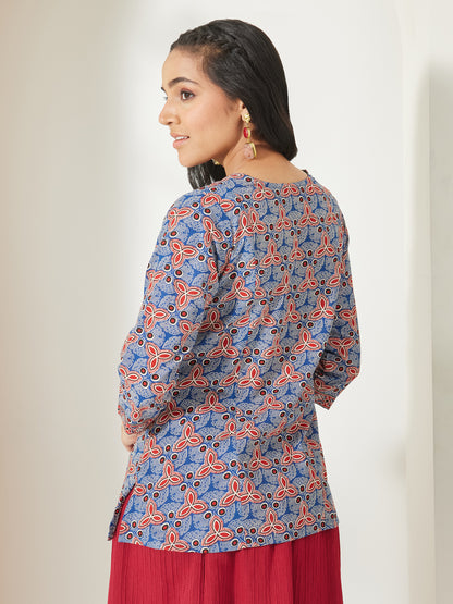 Janasya Blue A-Line Cotton Top - Dista