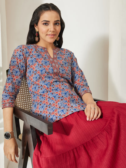 Janasya Blue A-Line Cotton Top - Dista
