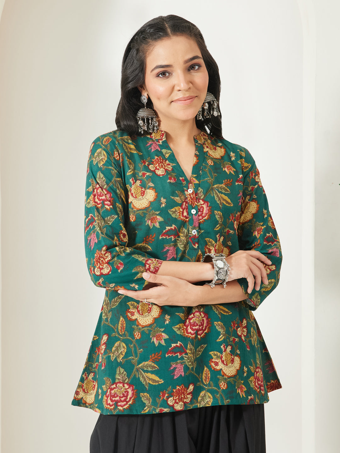 Janasya Green A-Line Cotton Top - Dista