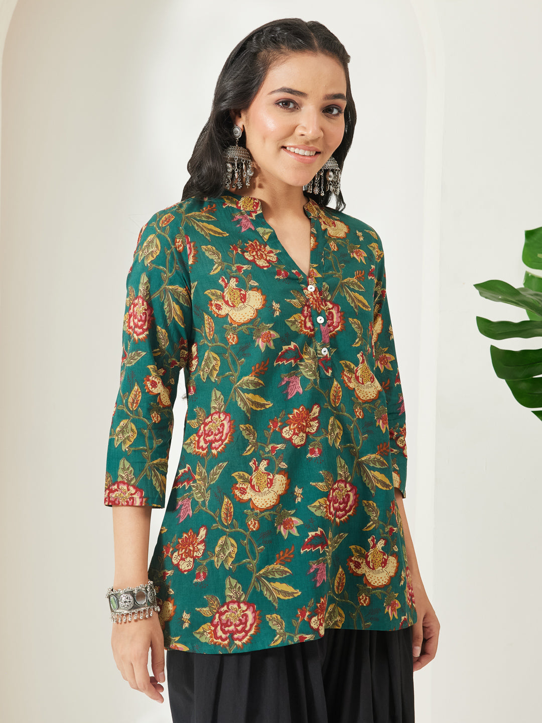 Janasya Green A-Line Cotton Top - Dista