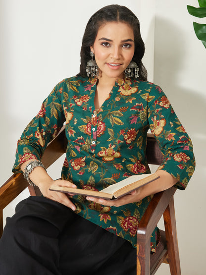 Janasya Green A-Line Cotton Top - Dista