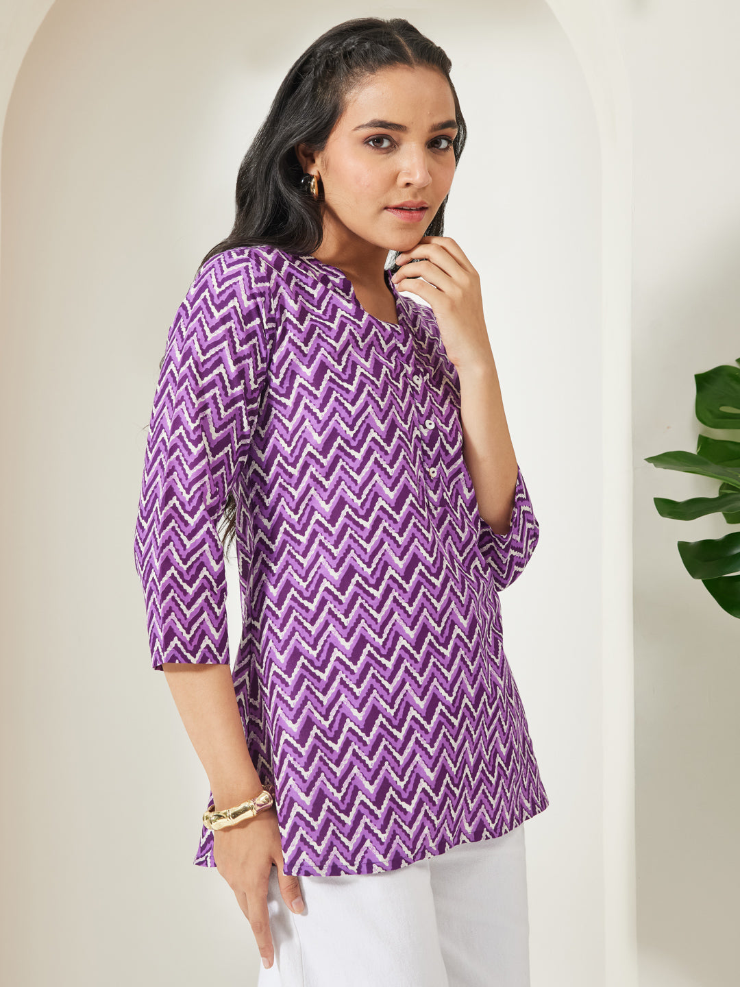 Janasya Purple A-Line Cotton Top - Dista