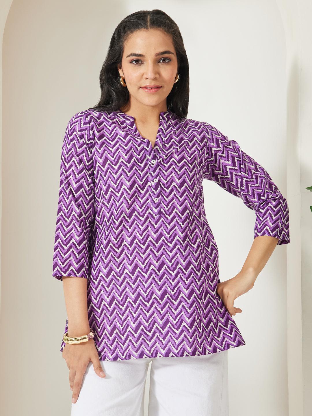 Janasya Purple A-Line Cotton Top - Dista
