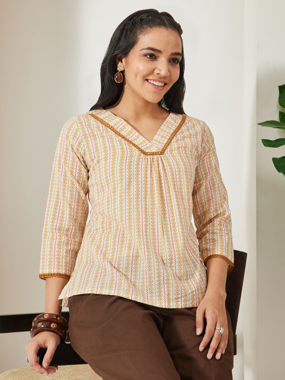 Janasya Cream A-Line Cotton Top - Dista