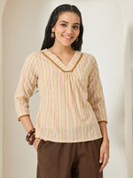 Thumbnail for Janasya Cream A-Line Cotton Top - Dista