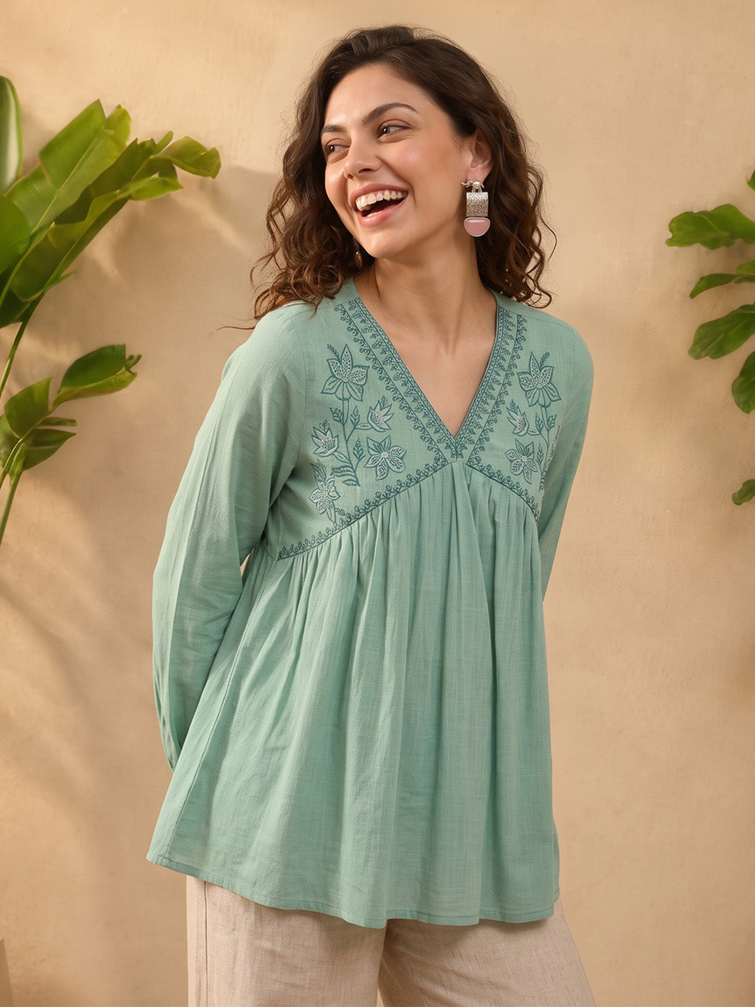 Janasya Aqua A-Line Cotton Top - Dista