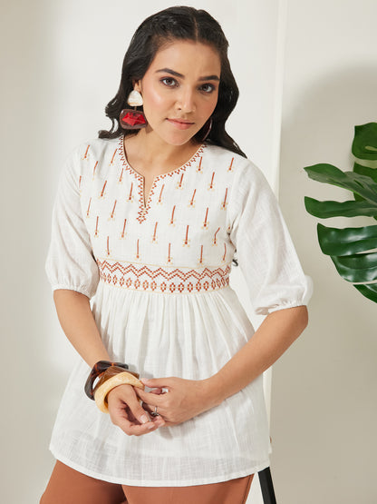Janasya Off White Peplum Cotton Top - Dista