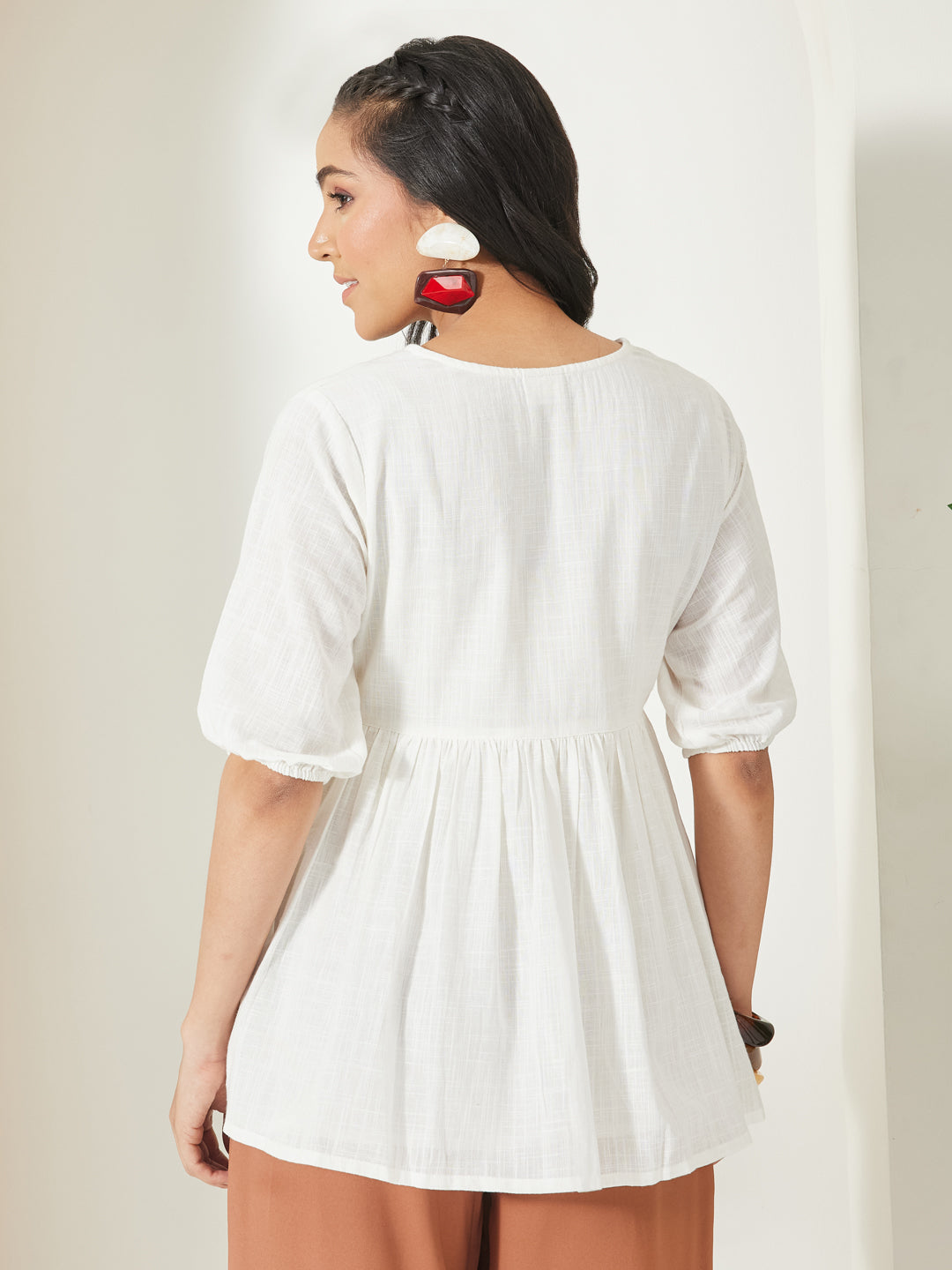 Janasya Off White Peplum Cotton Top - Dista