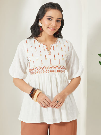 Janasya Off White Peplum Cotton Top - Dista