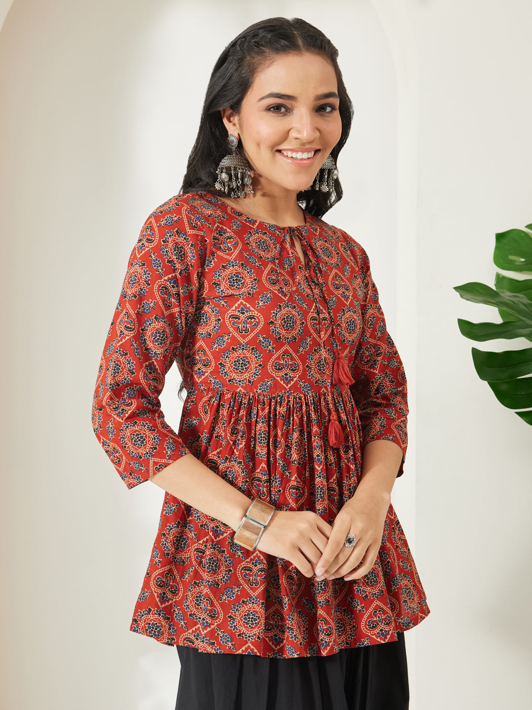 Janasya Rust Peplum Cotton Top - Dista
