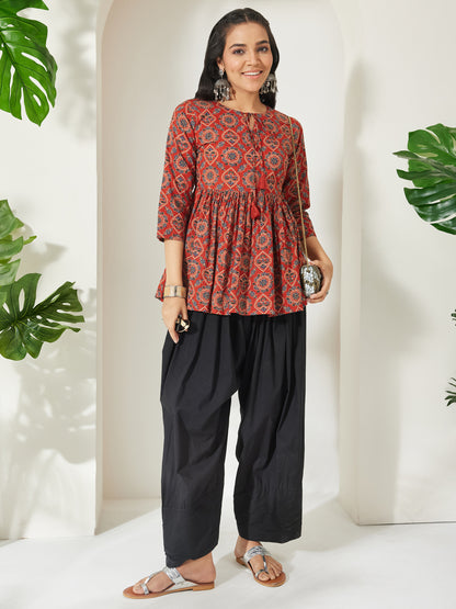 Janasya Rust Peplum Cotton Top - Dista