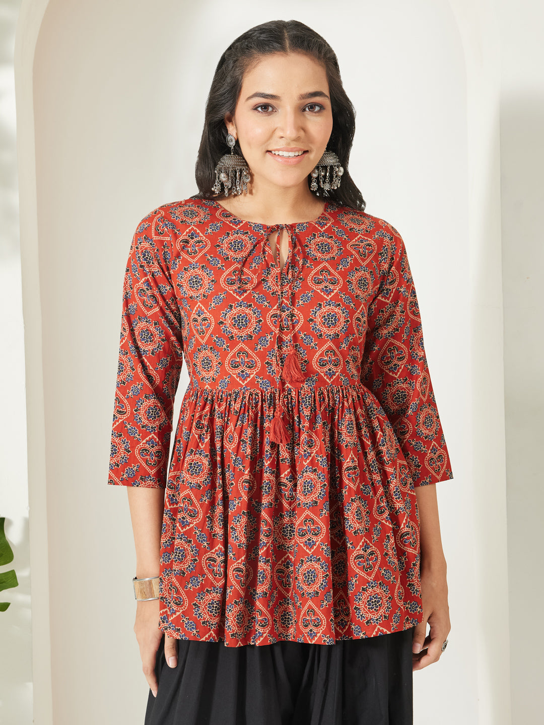 Janasya Rust Peplum Cotton Top - Dista