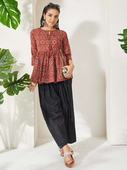 Janasya Rust Peplum Cotton Top - Dista