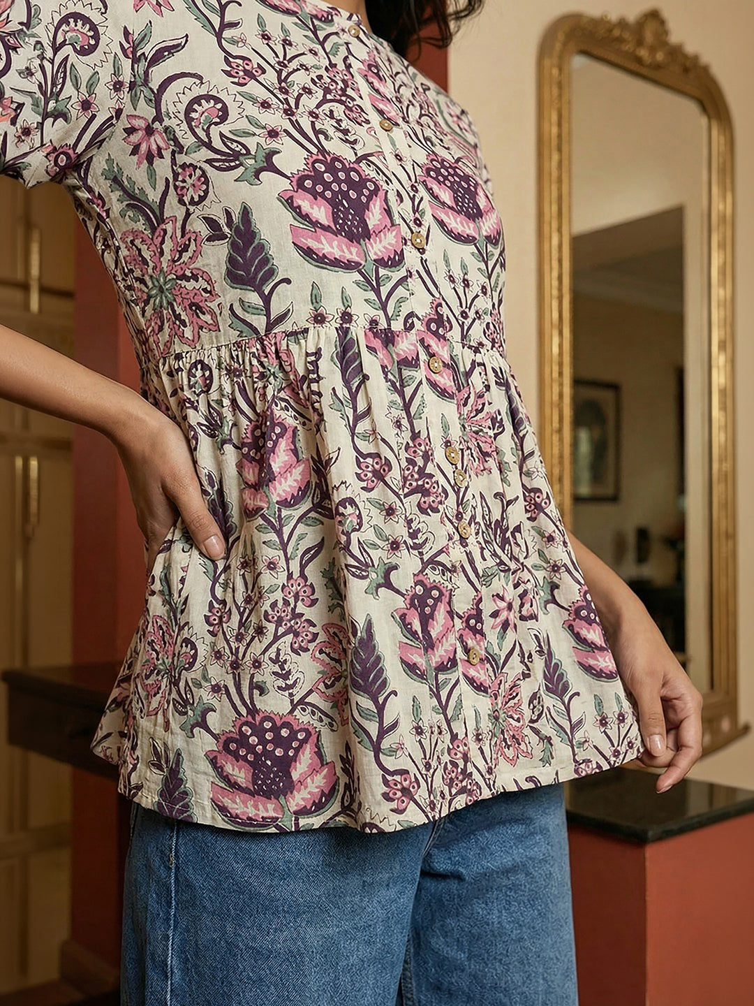 Janasya Off White Gathered Cotton Top - Dista