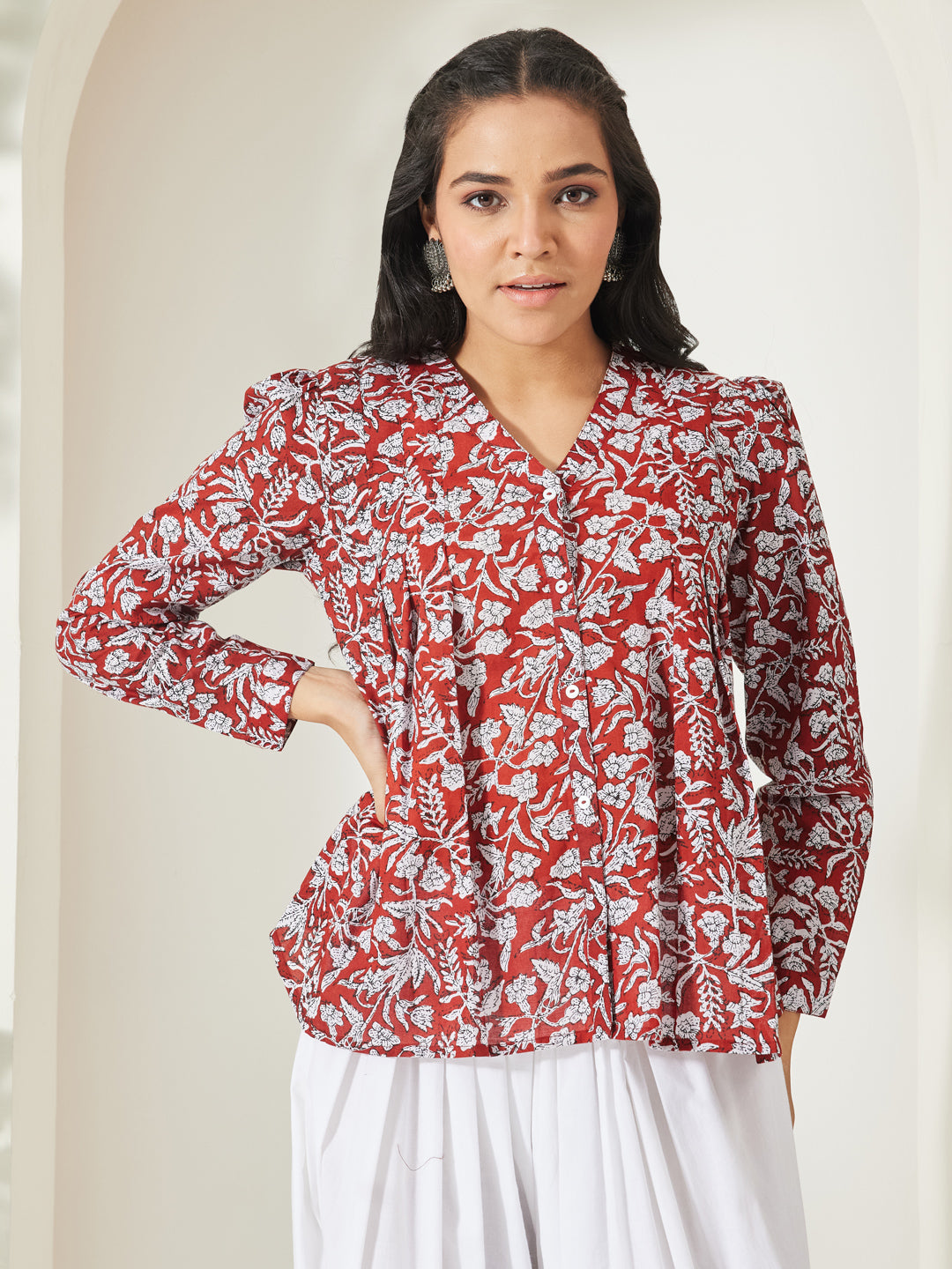 Janasya Rust Shirt Style Cotton Top - Dista