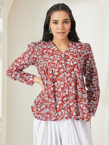 Janasya Rust Shirt Style Cotton Top - Dista