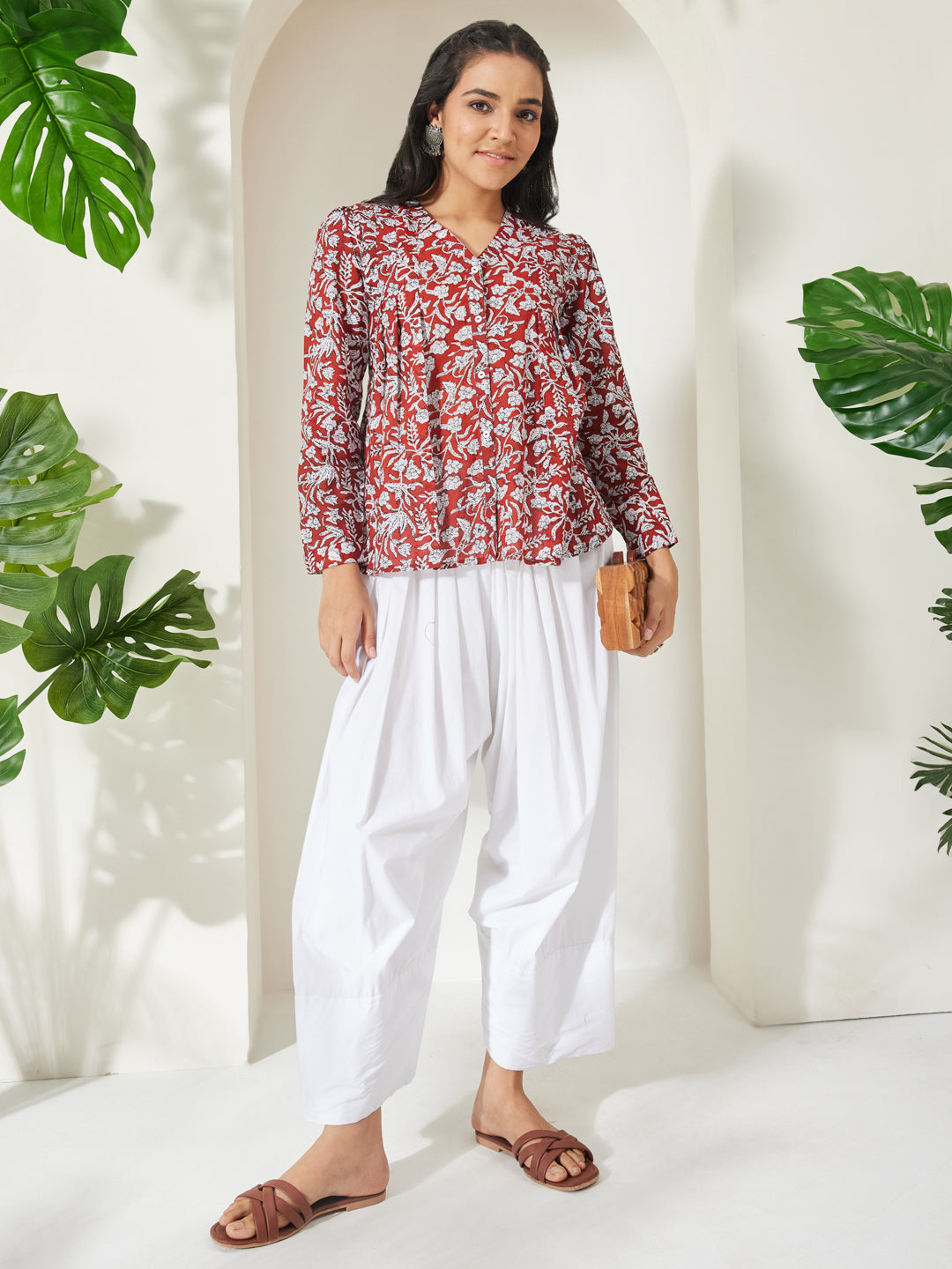 Janasya Rust Shirt Style Cotton Top - Dista