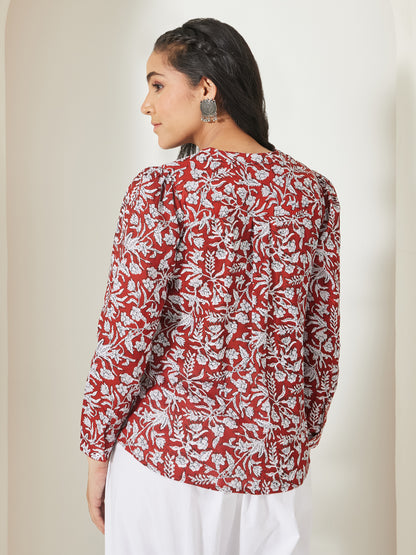 Janasya Rust Shirt Style Cotton Top - Dista
