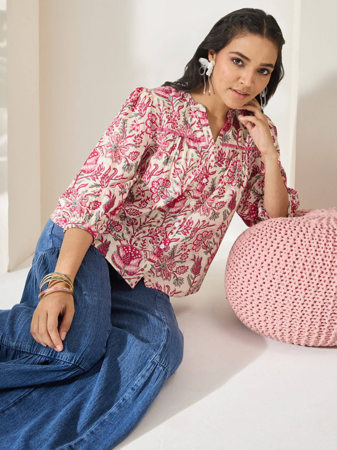 Janasya Cream Shirt Style Cotton Top - Dista