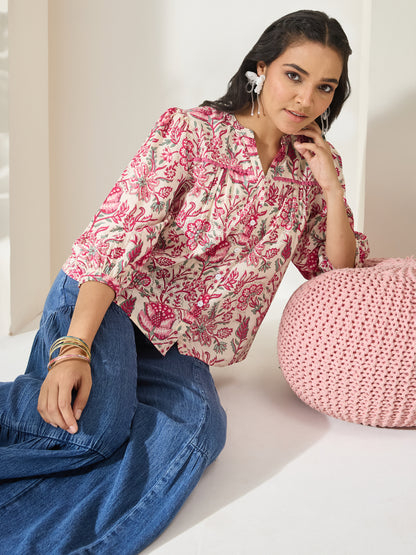 Janasya Cream Shirt Style Cotton Top - Dista