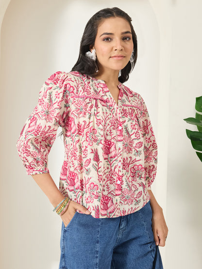 Janasya Cream Shirt Style Cotton Top - Dista