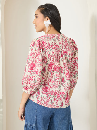 Janasya Cream Shirt Style Cotton Top - Dista