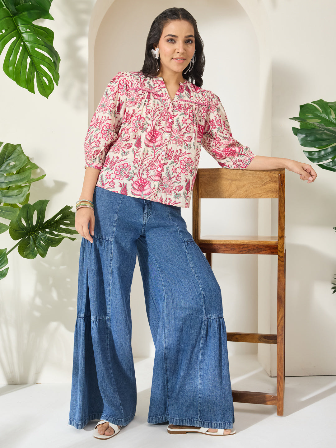 Janasya Cream Shirt Style Cotton Top - Dista