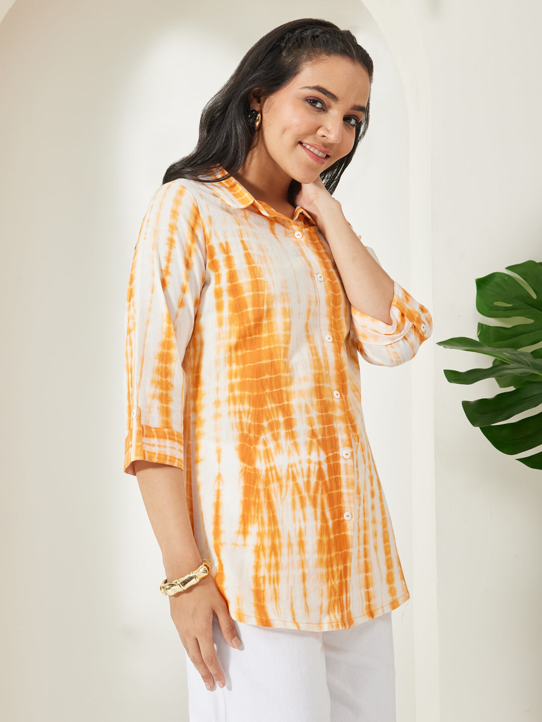 Janasya Orange Shirt Cotton Top - Dista