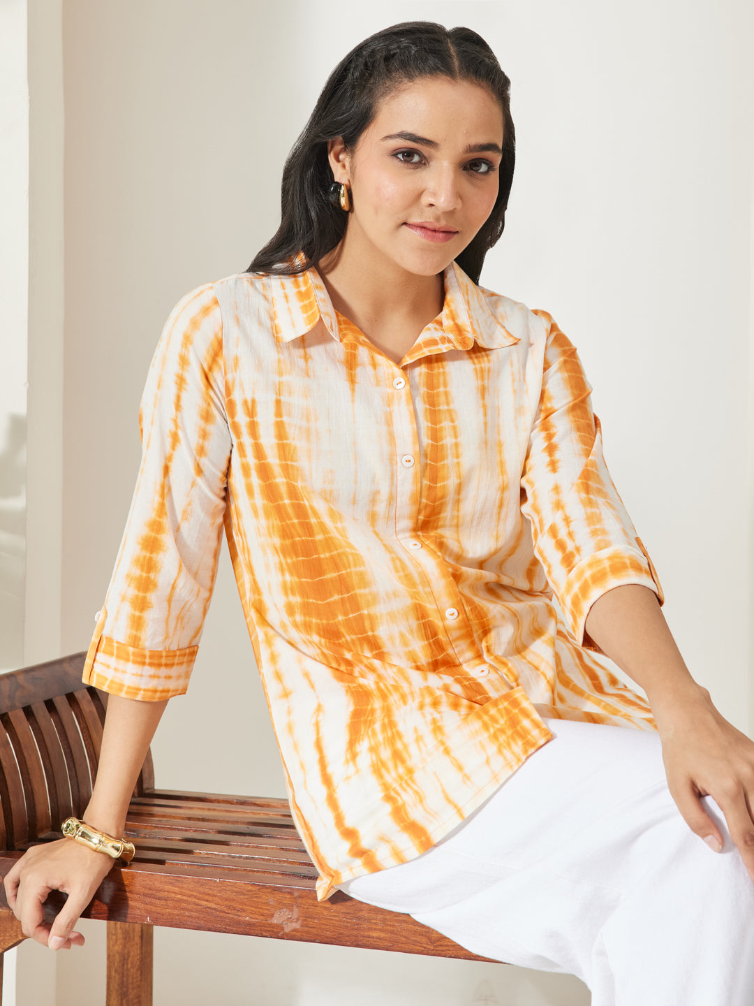 Janasya Orange Shirt Cotton Top - Dista