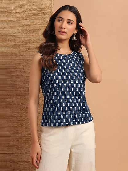 Janasya Indigo Straight Cotton Top - Dista