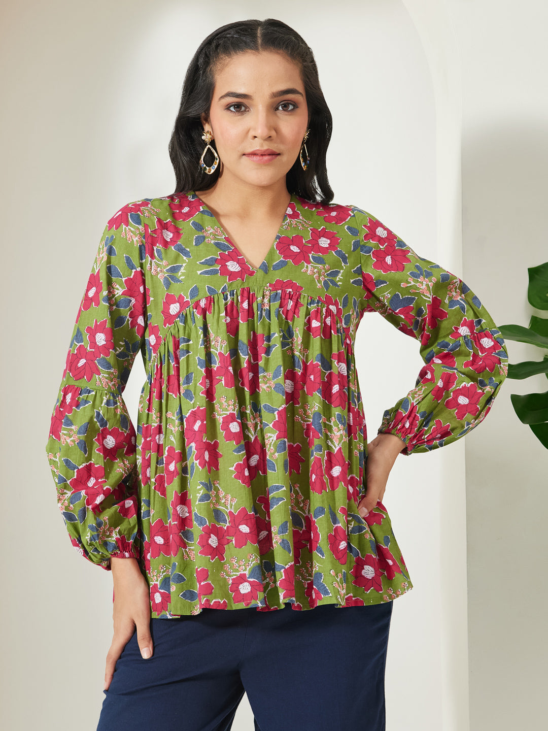 Janasya Green A-Line Cotton Top - Dista