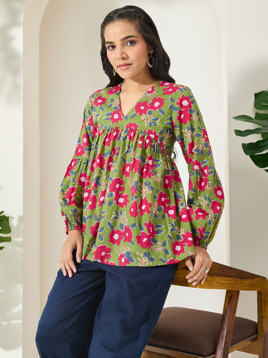 Janasya Green A-Line Cotton Top - Dista