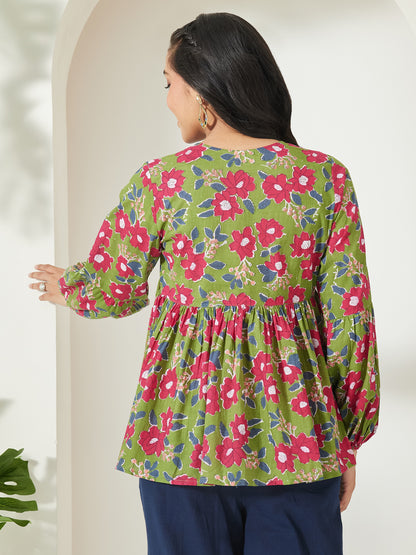Janasya Green A-Line Cotton Top - Dista