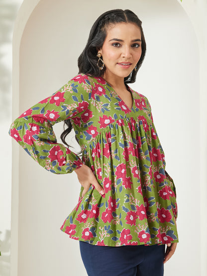 Janasya Green A-Line Cotton Top - Dista
