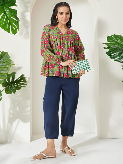 Janasya Green A-Line Cotton Top - Dista