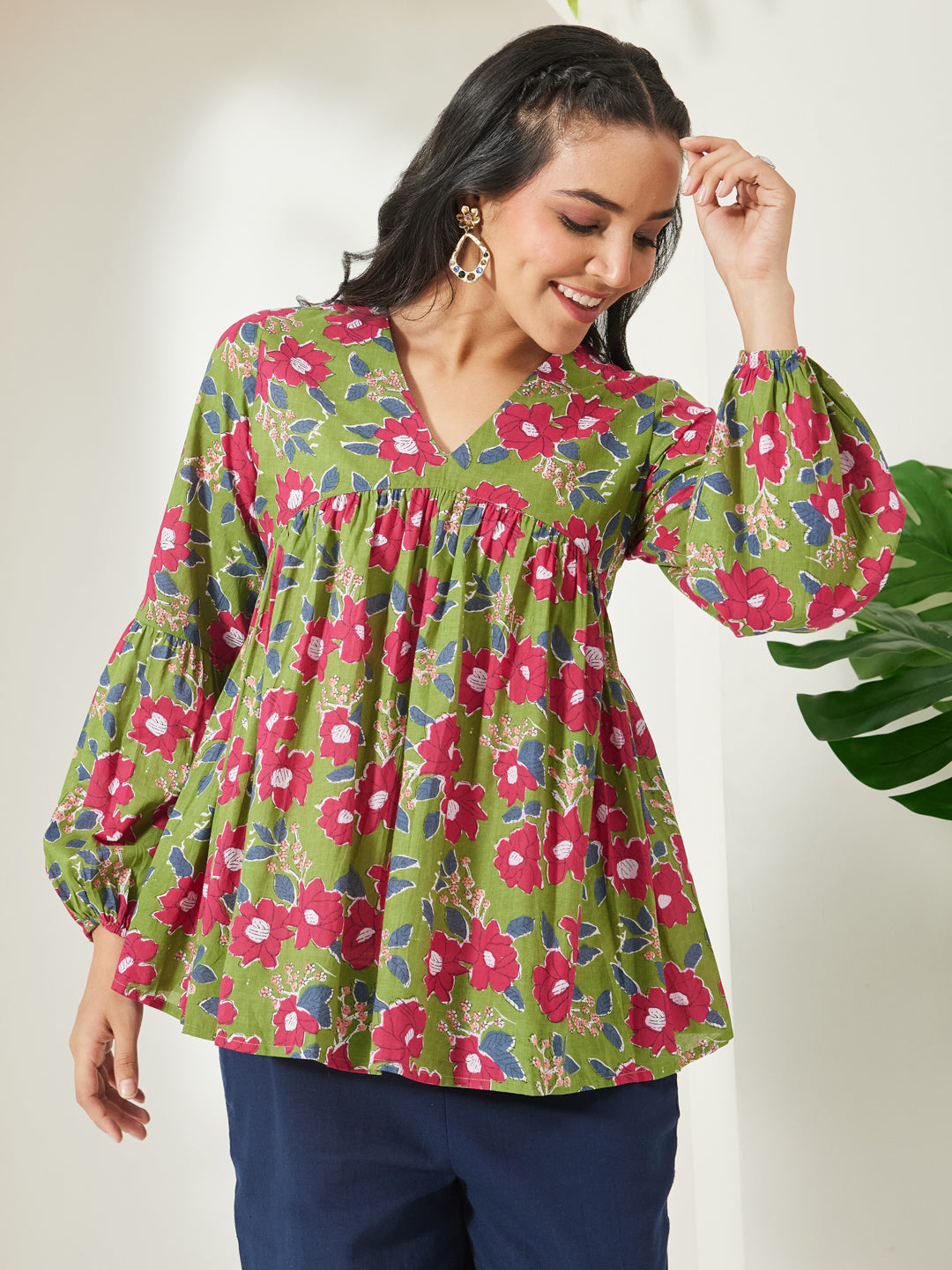 Janasya Green A-Line Cotton Top - Dista