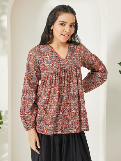 Janasya Red Peplum Cotton Top - Dista