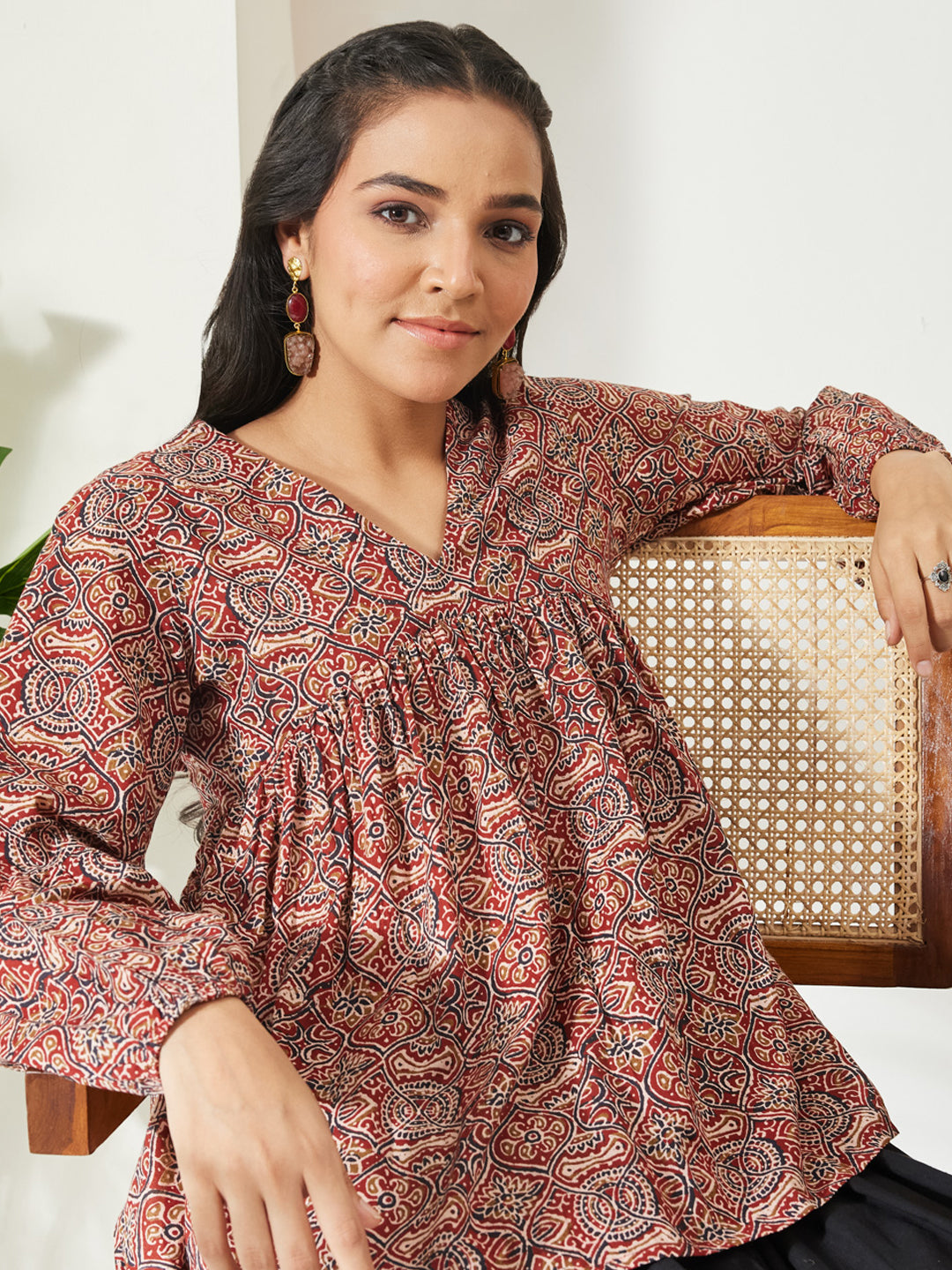 Janasya Red Peplum Cotton Top - Dista