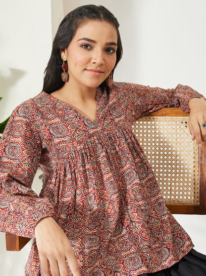 Janasya Red Peplum Cotton Top - Dista
