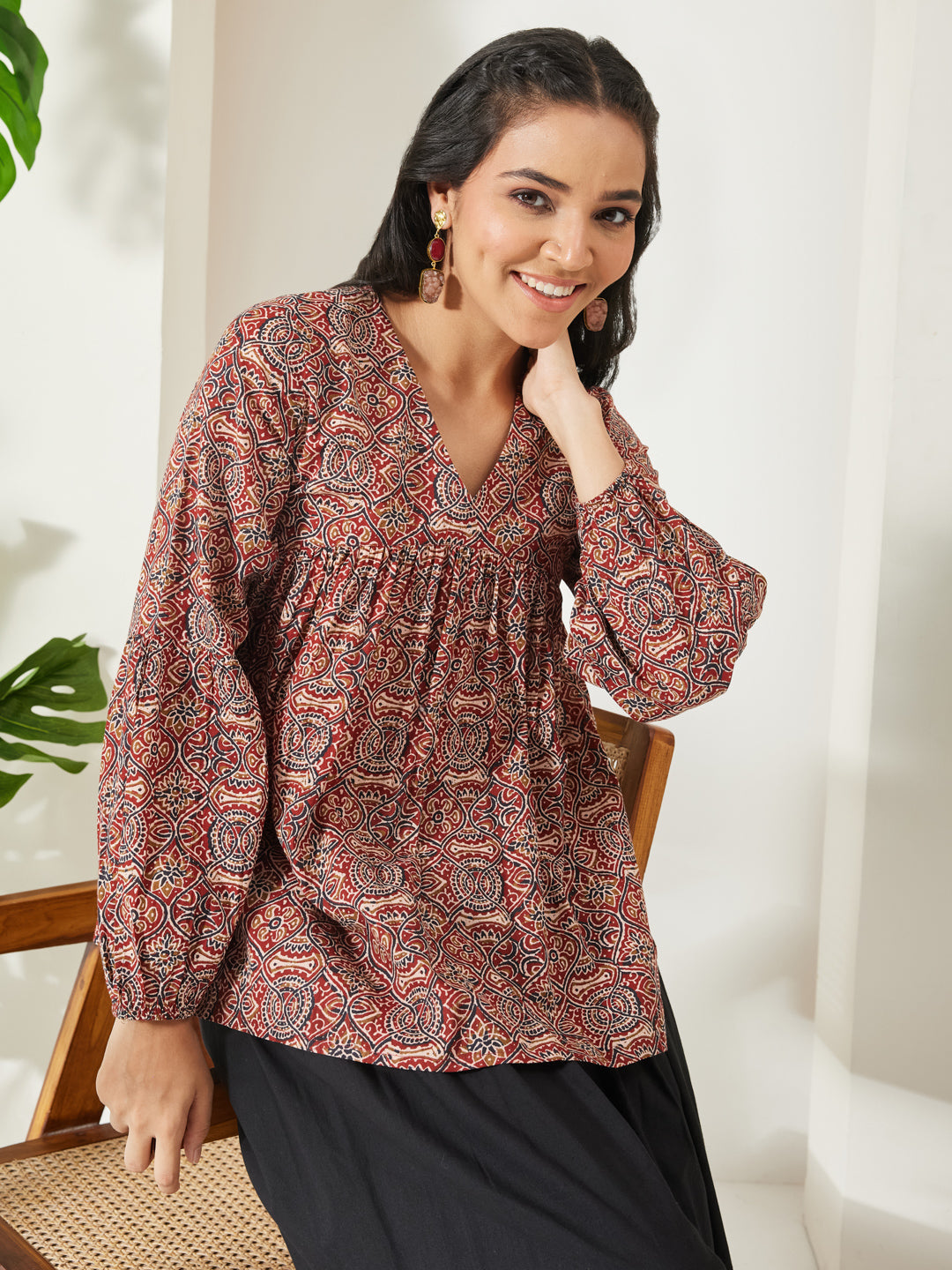 Janasya Red Peplum Cotton Top - Dista